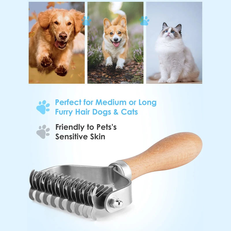 Pet Grooming Comb 2 Sided Stainless Steel Undercoat Rake Wooden Handle Dematting Brush