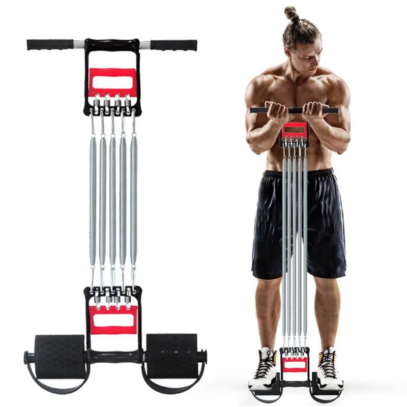 Chest Expander Resistance Trainer 5 Spring Adjustable Hand Gripper Pull Exerciser - Black & Red