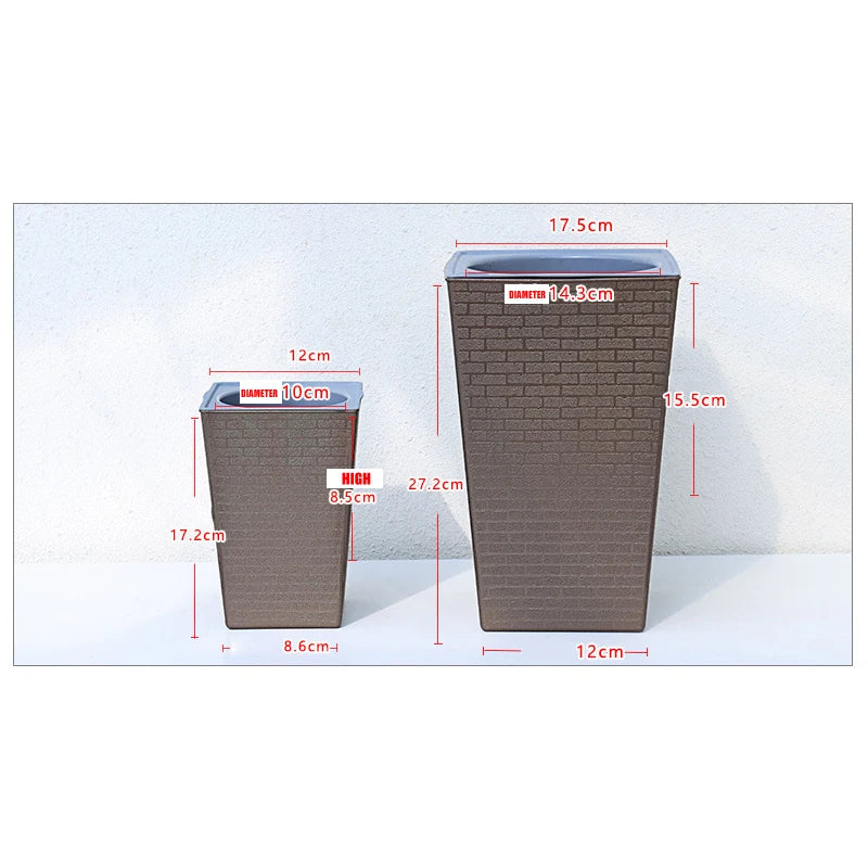 Brick Pattern Tall Flower Pot 27.2cm Plastic Planter With Self-Watering Cotton Rope – Silver