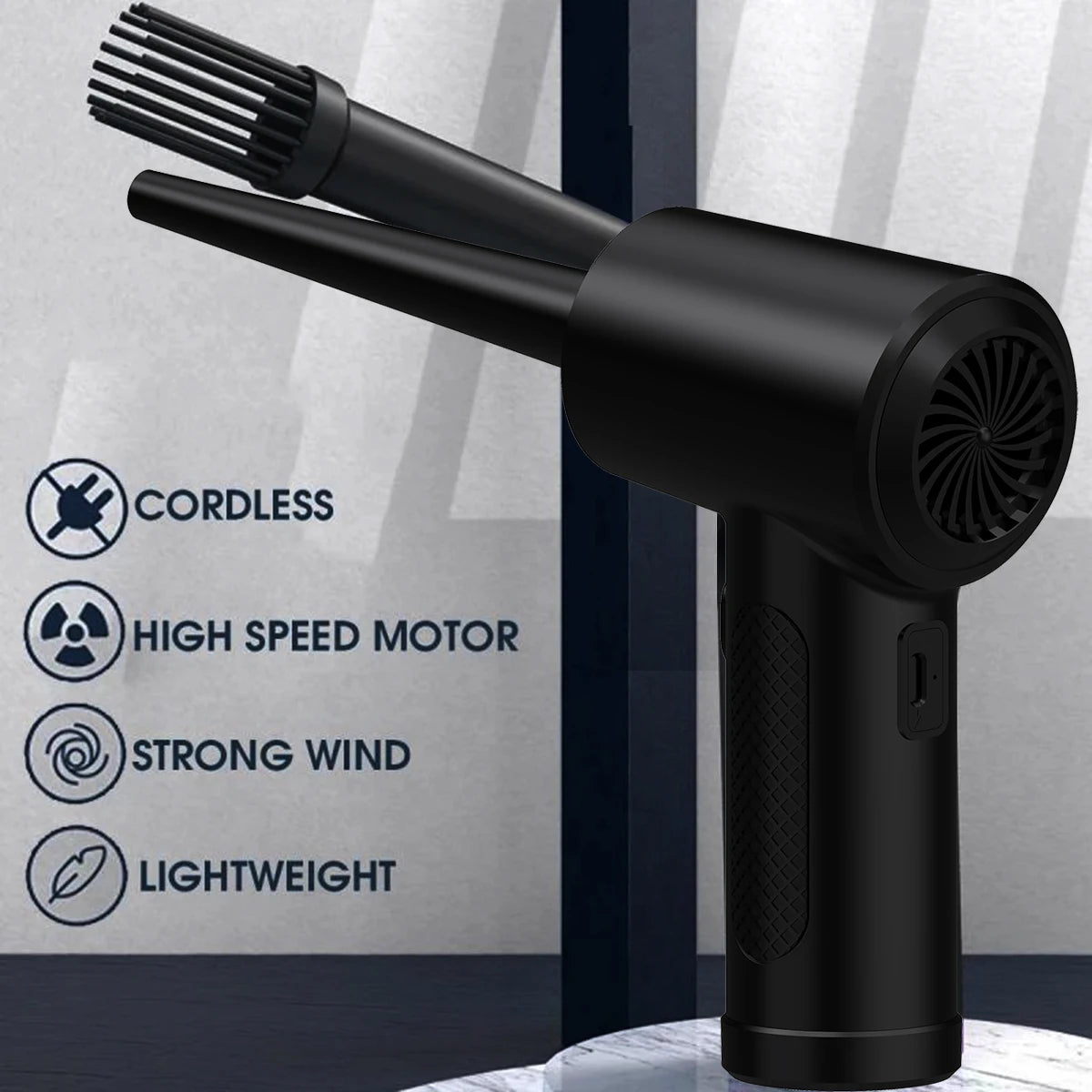 Cordless Air Duster Electric Blower 51000RPM Wireless Dust Cleaning Tool with Nozzles Black