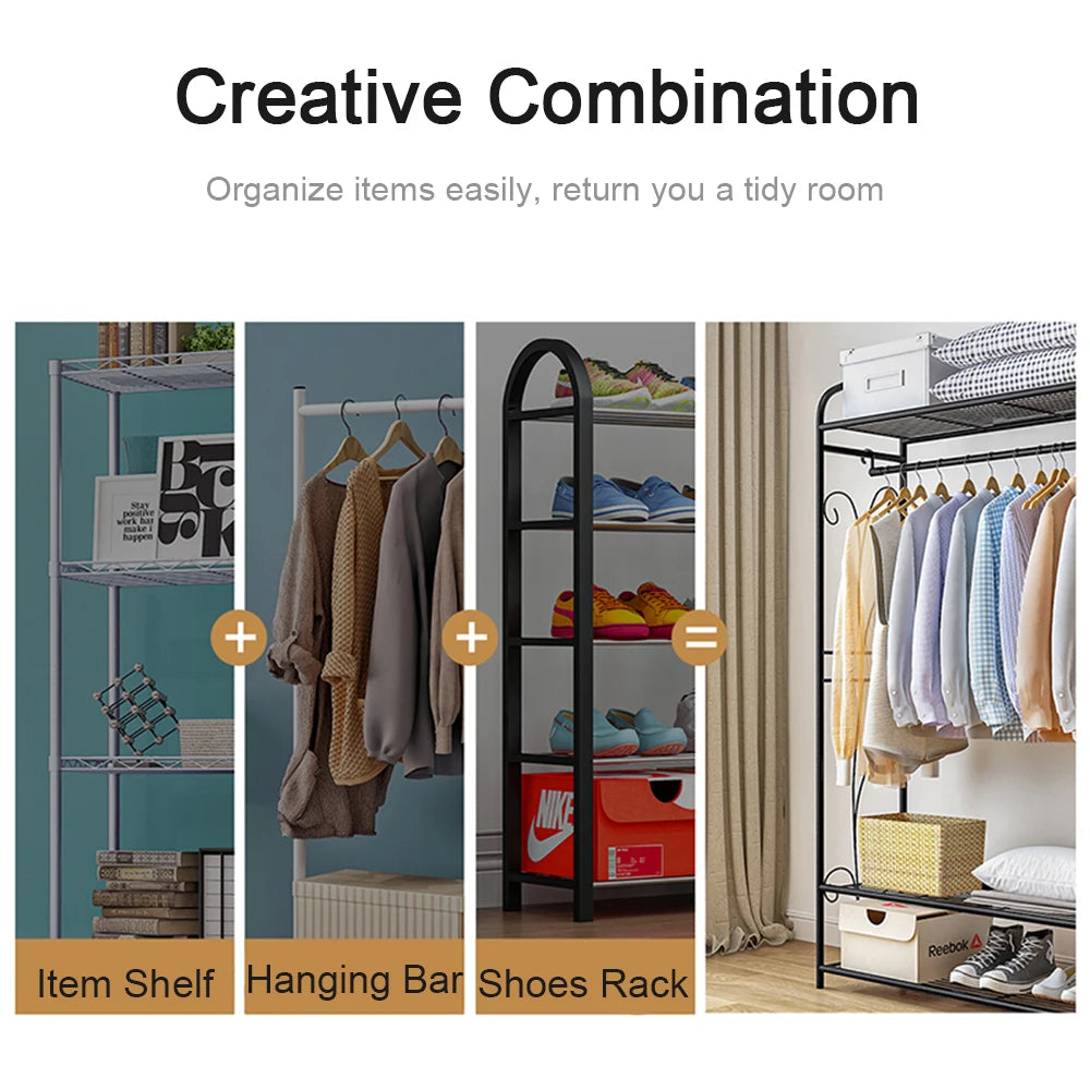 Black Metal Clothes Rack Stand with 2 Shelves for Shoes and Closet Organization