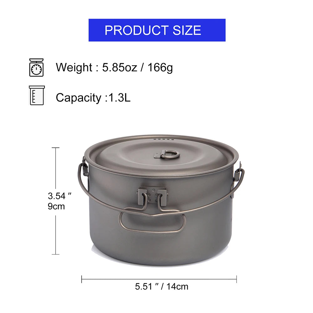 Camping Pot Titanium Cookware Portable Outdoor Cooking Pot Hiking Picnic Use - 1300ml