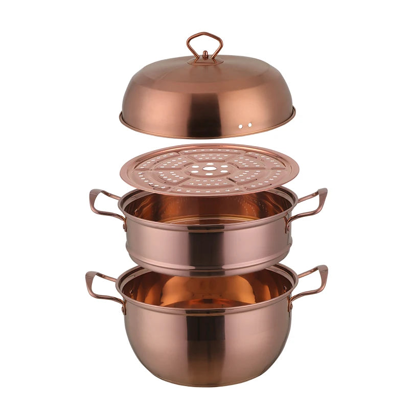 3 Layers Stainless Steel Steamer Pot – 26cm Triple Tier Cooker – Soup & Steam Cooking Pot – Gas Stove Compatible – Rose Gold