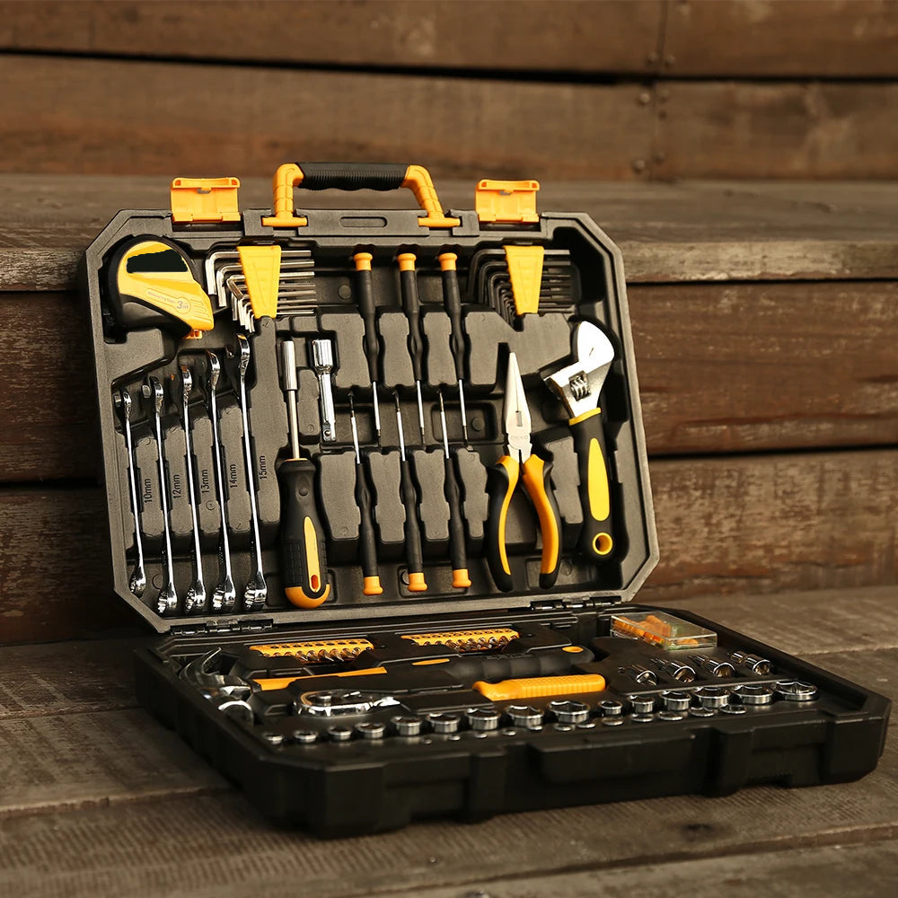 128-Piece Home DIY Hand Tool Set with Plastic Storage Case for Household and Auto Repair