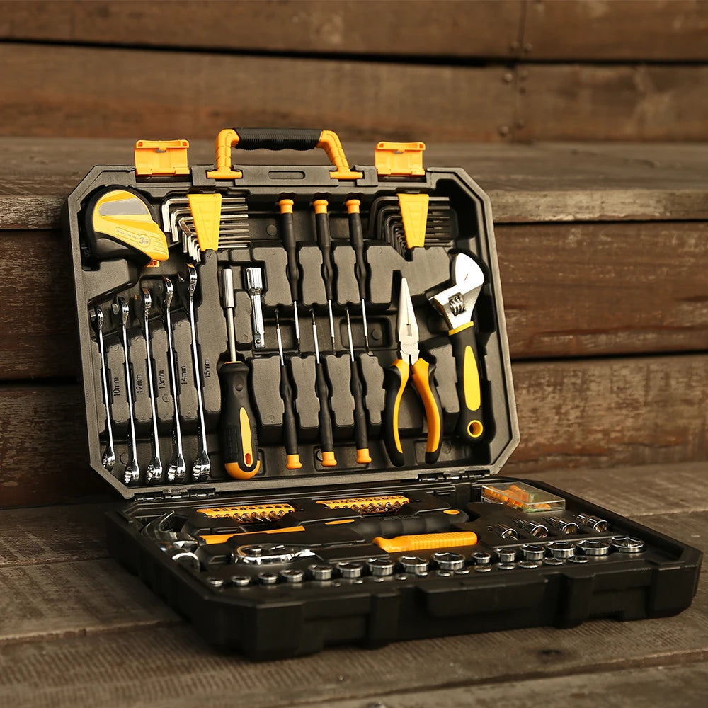 126 Piece Home DIY Auto Repair Tool Set with Ratchet Sockets and Plastic Case