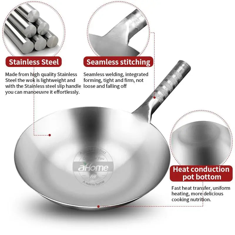 Stainless Steel Wok 36cm Handmade Non-Coated Stir Fry Pan for Gas Cooker