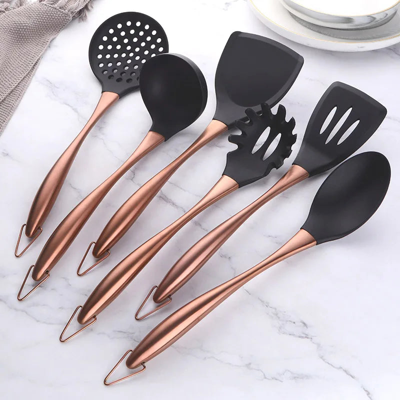 Cooking Tool Set 7PCS Silicone Kitchen Utensils with Stainless Steel Handle - Rose Gold