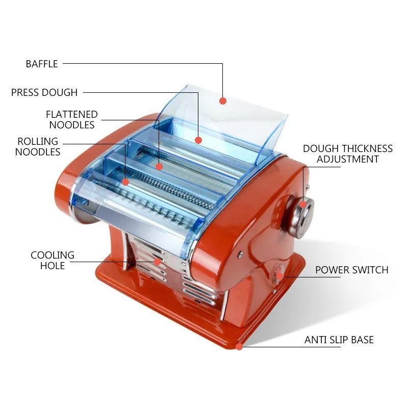 Electric Pasta Maker 220V Automatic Noodle Dough Roller Machine with Dual Cutter – Red