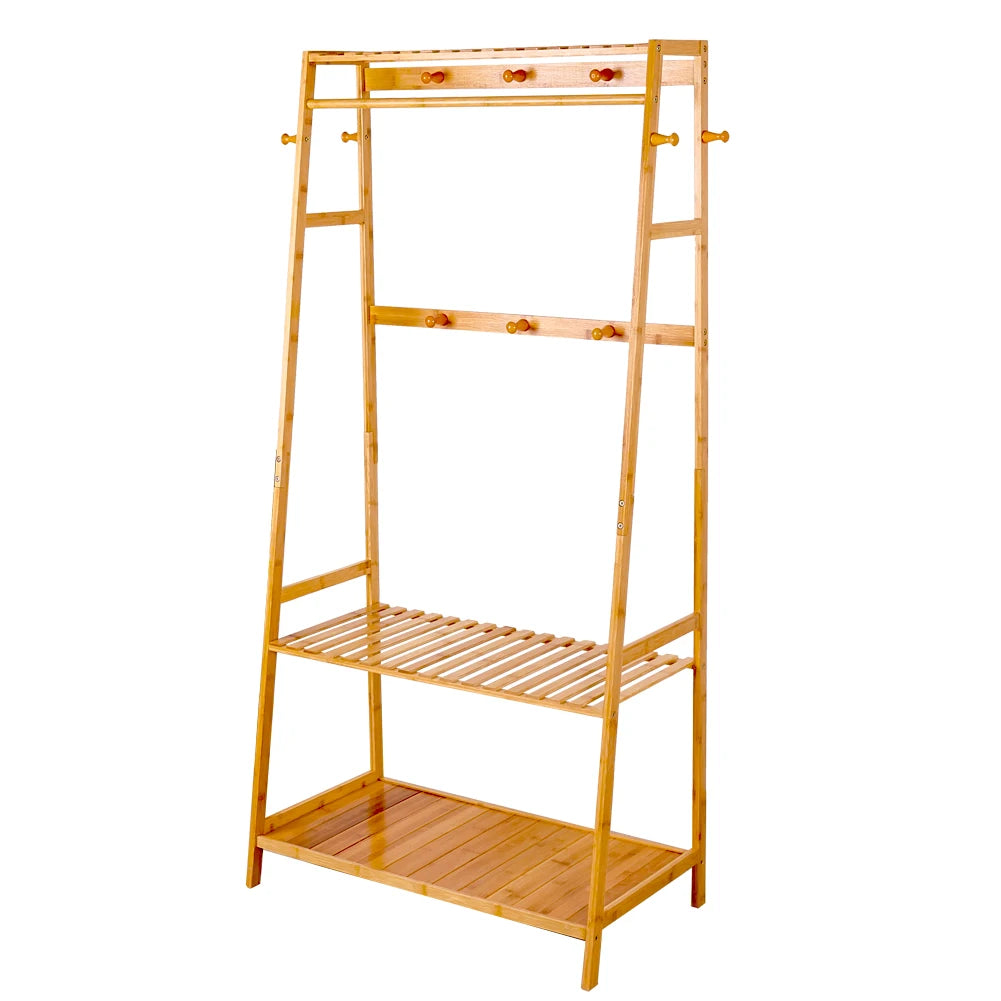 Garment Rack Bamboo Clothes Hanging Organiser 3 Shelves 10 Hooks Mobile Wardrobe – Yellow