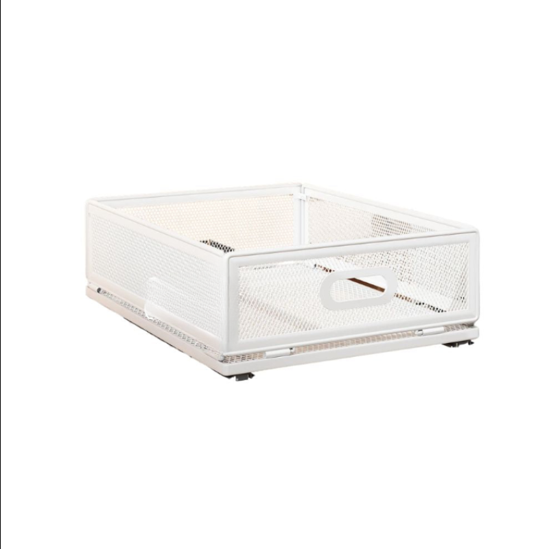 Pull-Out Metal Under Sink Storage Basket with Slide Rail, No-Drill Cabinet Organizer - White