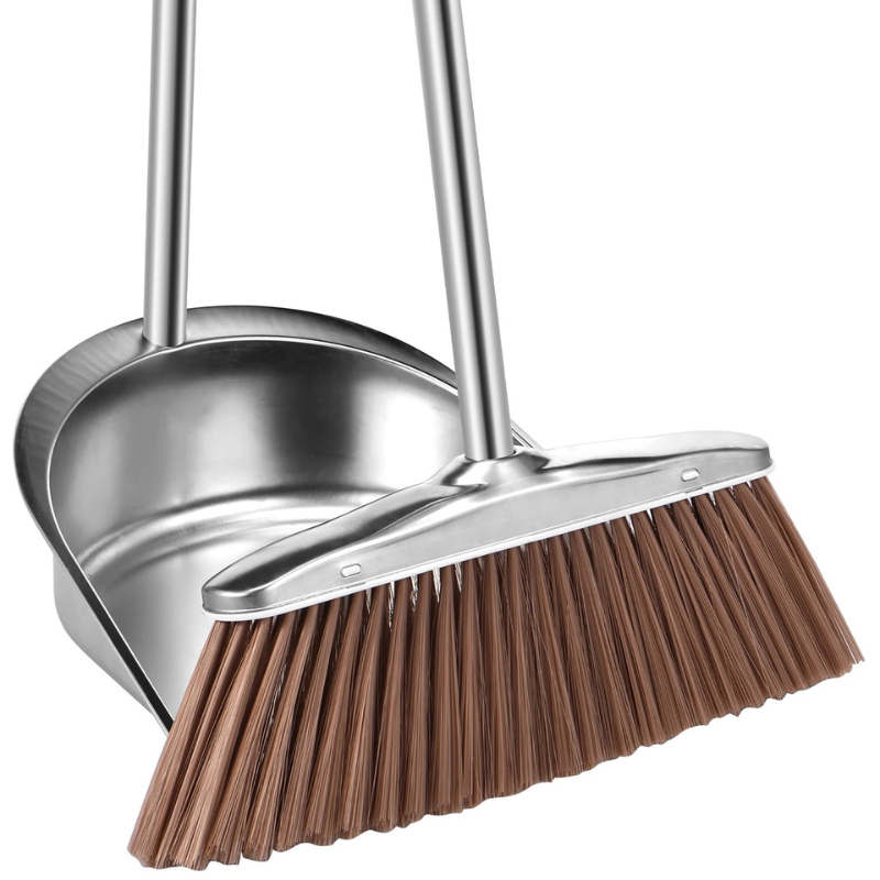 Broom and Dustpan Set Stainless Steel Long Handle Sweeping Cleaning Combo Round Dustpan