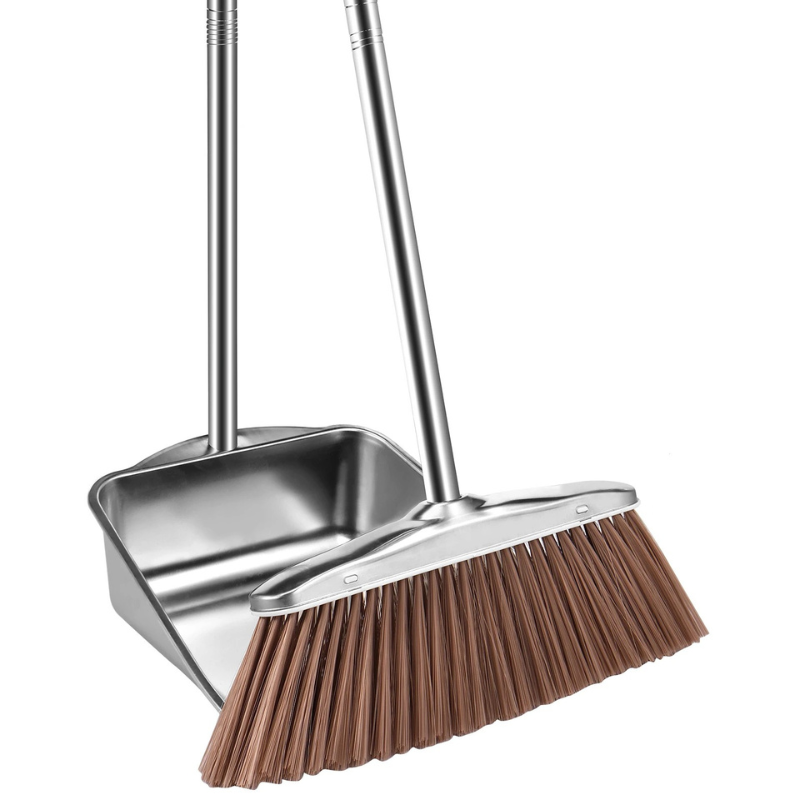 Broom and Dustpan Set Stainless Steel Long Handle Sweeping Cleaning Combo Square Dustpan
