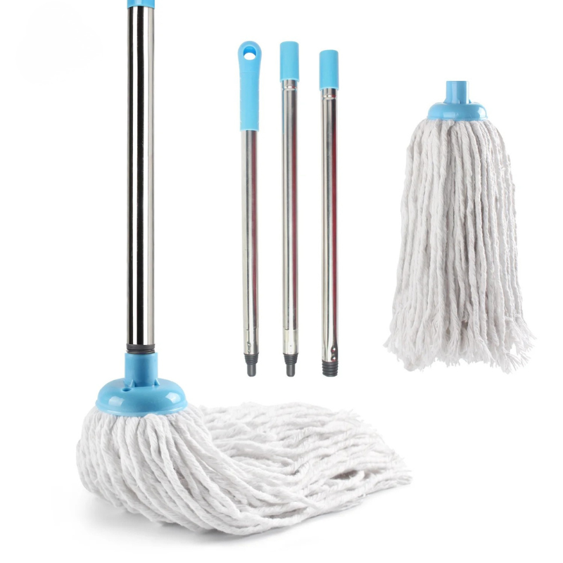 Cotton Thread Mop Stainless Steel Handle Manual Wring Floor Cleaning Mop White and Blue