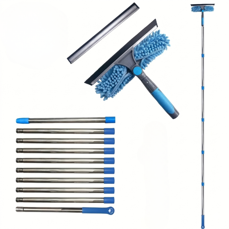 Window Cleaning Kit 2 in 1 Squeegee Microfiber Cleaner with 430cm Extension Pole Blue