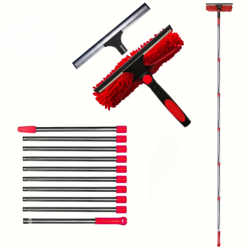 Window Cleaning Kit 2 in 1 Squeegee Microfiber Cleaner with 430cm Extension Pole Red