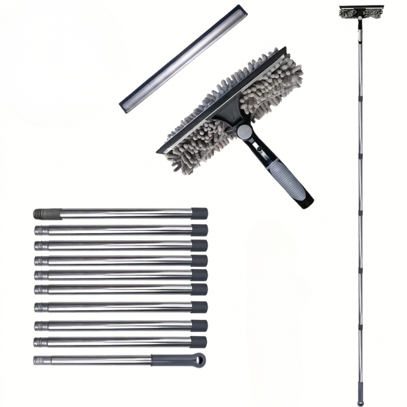 Window Cleaning Kit 2 in 1 Squeegee Microfiber Cleaner with 430cm Extension Pole Gray