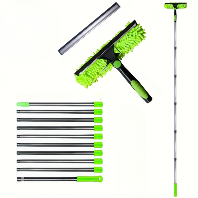 Window Cleaning Kit 2 in 1 Squeegee Microfiber Cleaner with 430cm Extension Pole Green