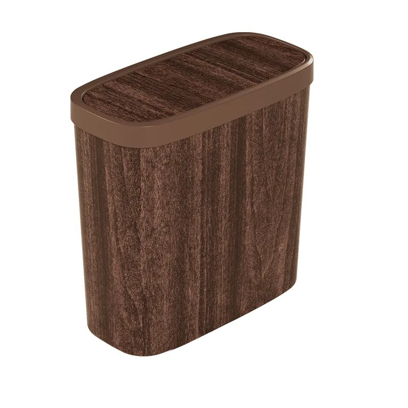 Slim Trash Can Wood Grain Design Swing Lid Compact Garbage Bin for Bathroom Kitchen Coffee