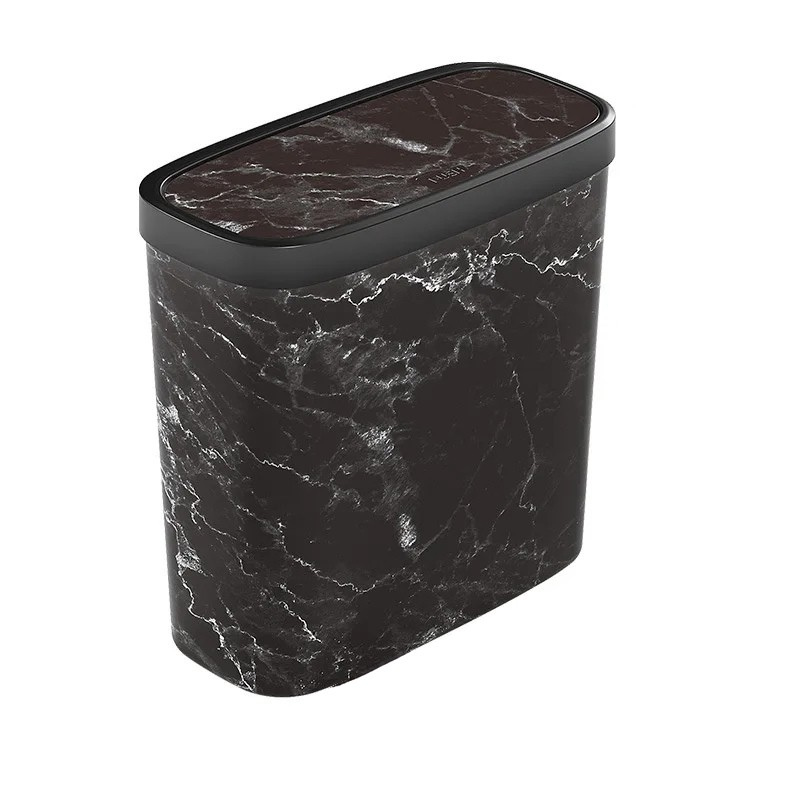 Slim Trash Can Wood Grain Design Swing Lid Compact Garbage Bin for Bathroom Kitchen Black