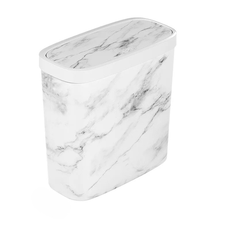 Slim Trash Can Wood Grain Design Swing Lid Compact Garbage Bin for Bathroom Kitchen White