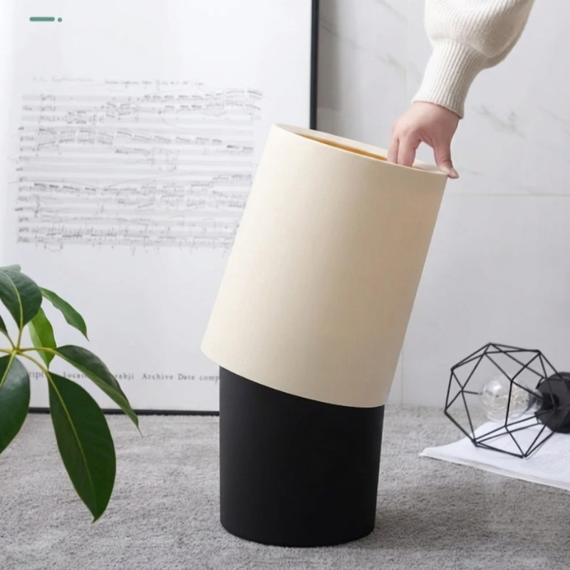 Plastic Trash Can 12L Matte Finish Waste Bin Double Layer Storage Bucket Cream