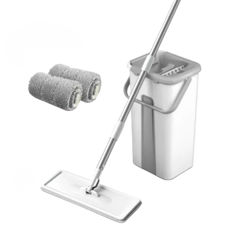 Flat Squeeze Mop with Bucket Microfiber Floor Cleaning Set Hand Free Wringing Cloth 2 Pcs