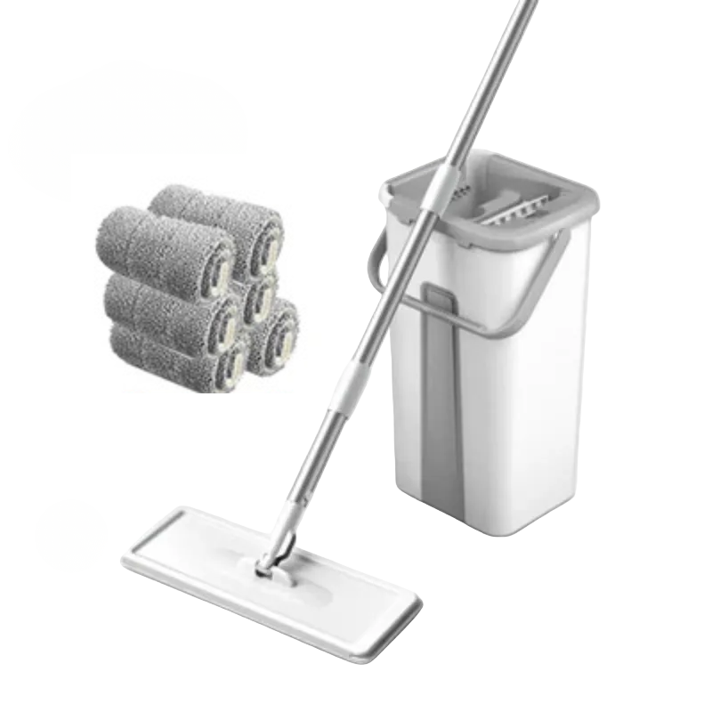 Flat Squeeze Mop with Bucket Microfiber Floor Cleaning Set Hand Free Wringing Cloth 6 Pcs