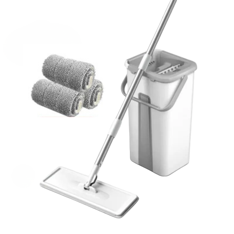 Flat Squeeze Mop with Bucket Microfiber Floor Cleaning Set Hand Free Wringing Cloth 3 Pcs