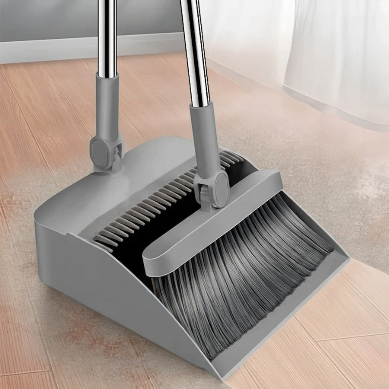 Broom and Dustpan Set 2 in 1 Long Handle Floor Cleaning Combo - Gray