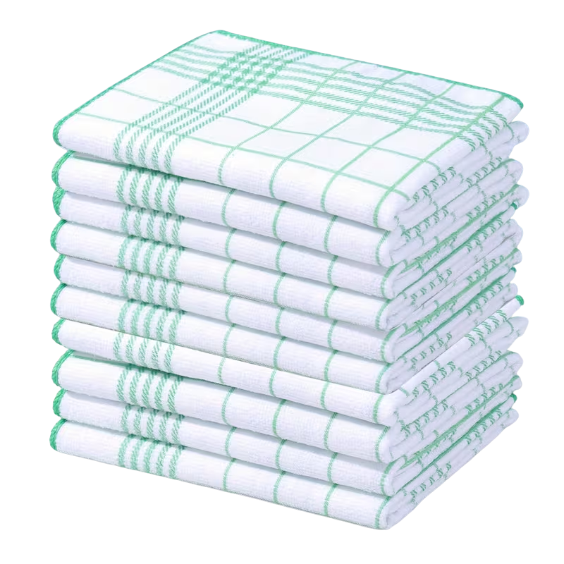 Dish Towels Set 10pcs Plaid Kitchen Cleaning Cloth Large Soft Polyester - Green