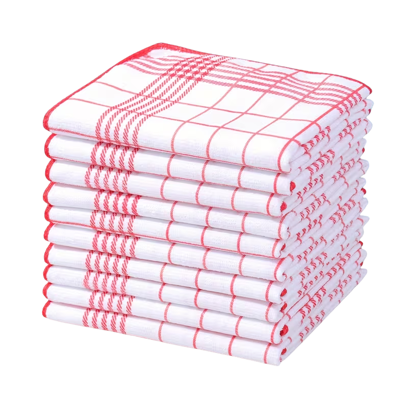 Dish Towels Set 10pcs Plaid Kitchen Cleaning Cloth Large Soft Polyester - Red