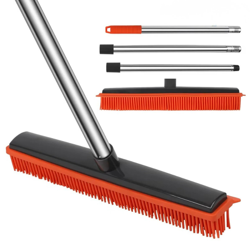 Rubber Broom with Squeegee Adjustable Handle Pet Hair Carpet Cleaner - Red