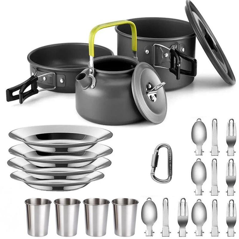 Camping Cookware Set 1-4 Person Non Stick Pots Pan Kettle Kit - 4 Stainless Steel Tableware 330 ML