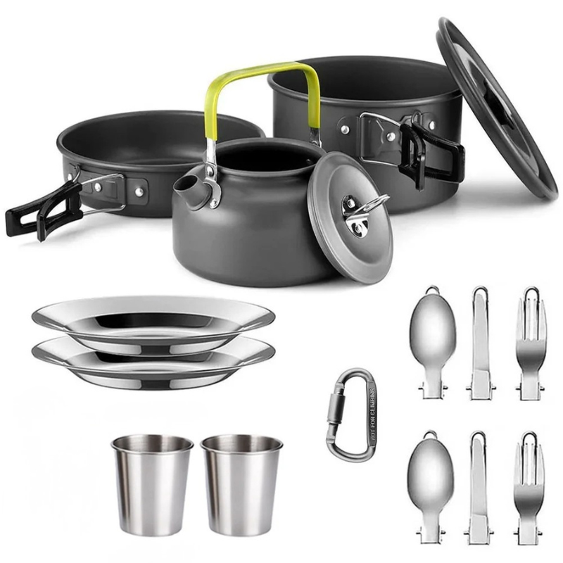 Camping Cookware Set 1-3 Person Non Stick Pots Pan Kettle Kit - 2 Stainless Steel Tableware 250 ML
