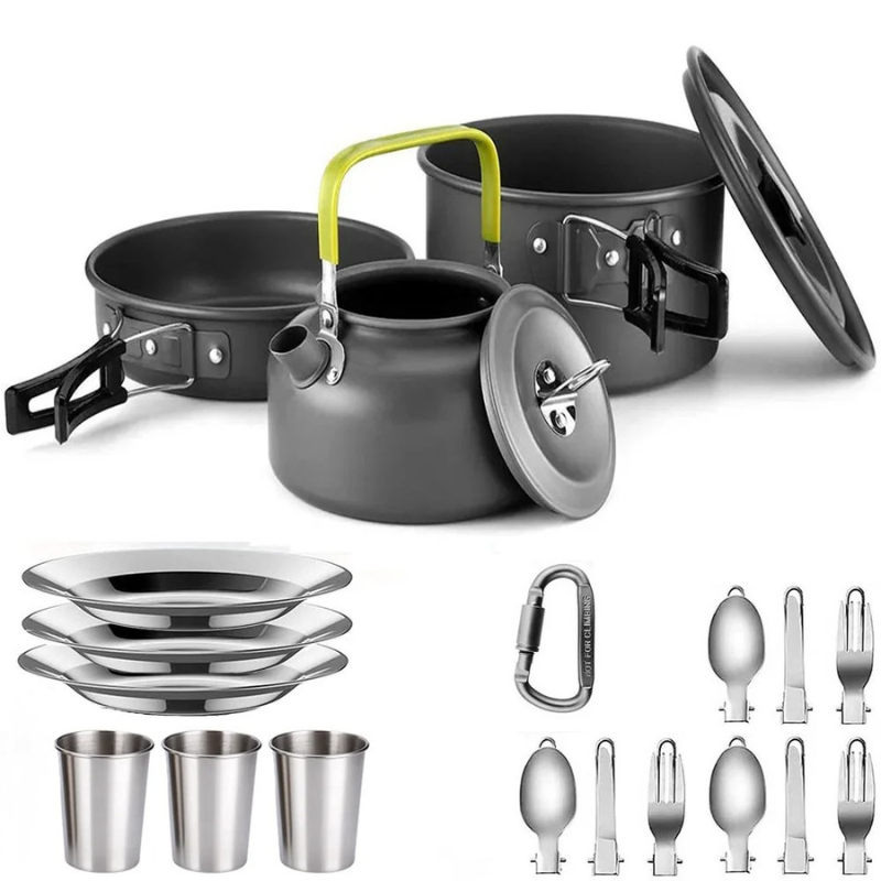 Camping Cookware Set 1-3 Person Non Stick Pots Pan Kettle Kit - 3 Stainless Steel Tableware 330 ML