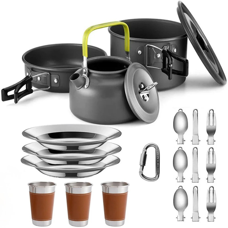 Camping Cookware Set 1-3 Person Non Stick Pots Pan Kettle Kit - 3 Stainless Steel Tableware 500 ML