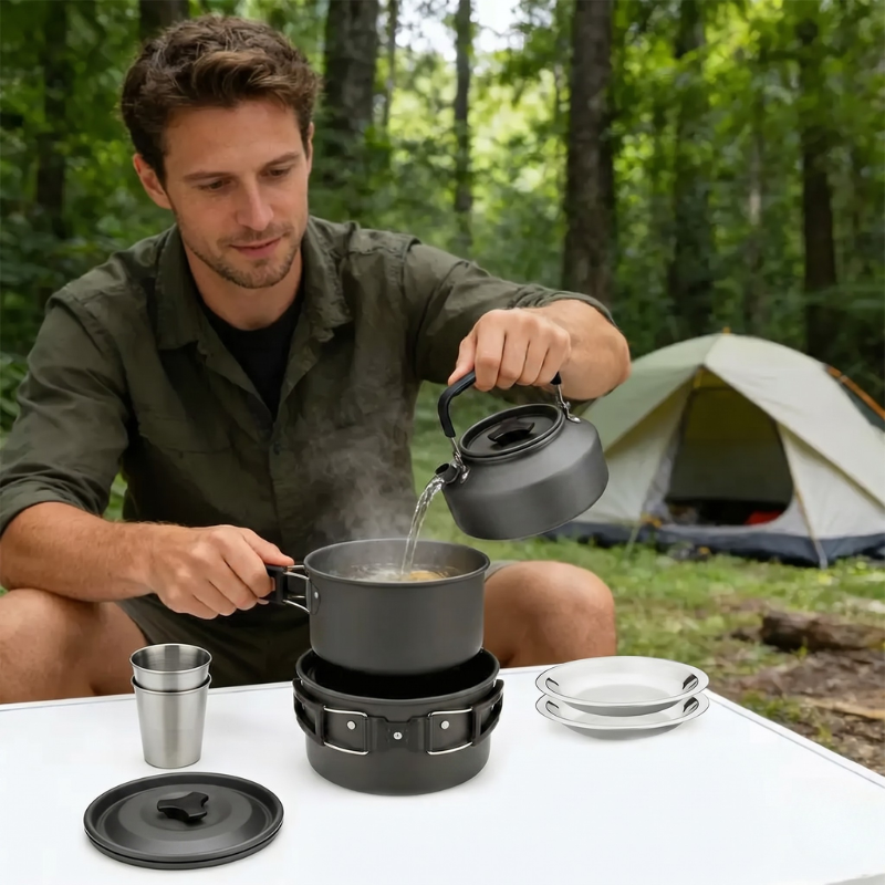 Camping Cookware Set 2-3 Person Aluminum Pots Pans Kettle Kit - Black