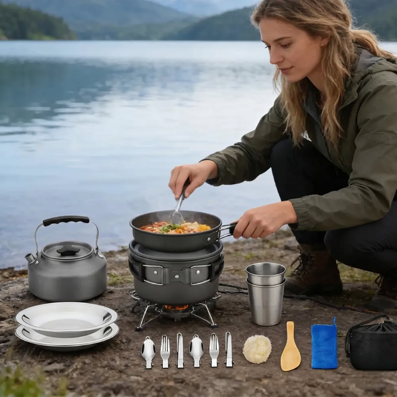 Camping Cookware Set 2-3 Person Aluminum Pots Pans Kettle Kit - Black