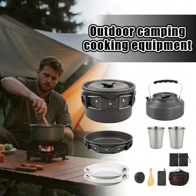 Camping Cookware Set 2-3 Person Aluminum Pots Pans Kettle Kit - Black