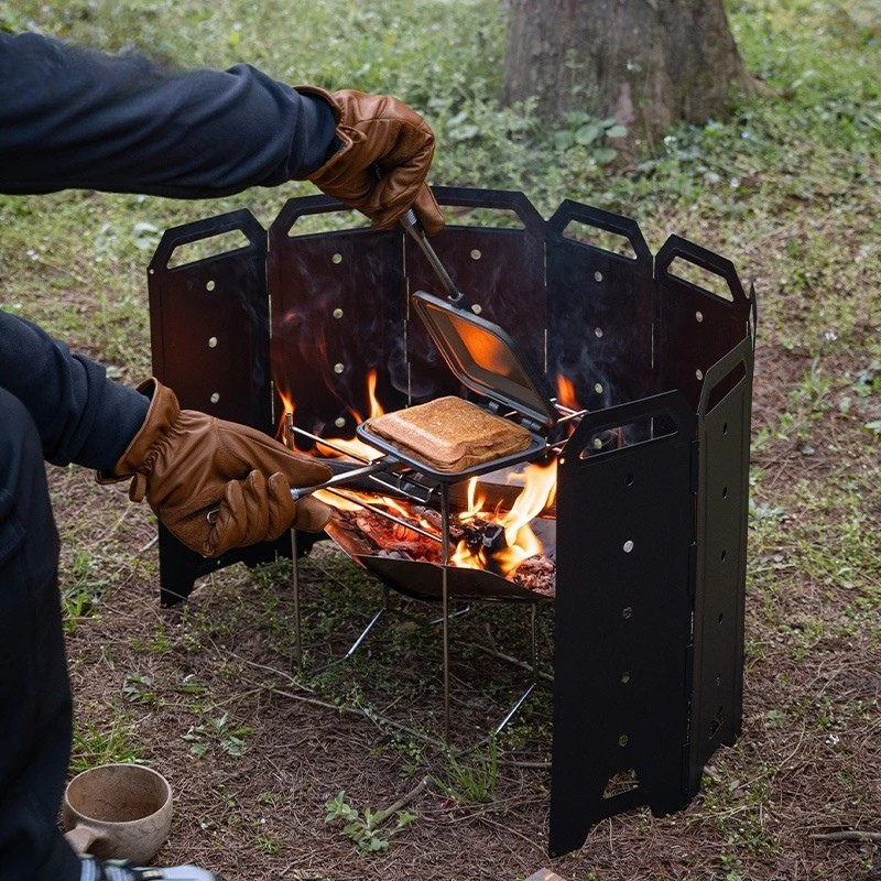 Camping Wind Shield 8 Panel Folding Iron Stove Wind Guard - Black