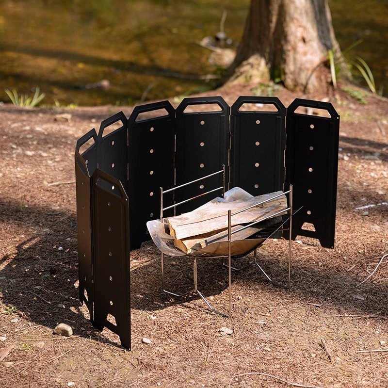 Camping Wind Shield 8 Panel Folding Iron Stove Wind Guard - Black