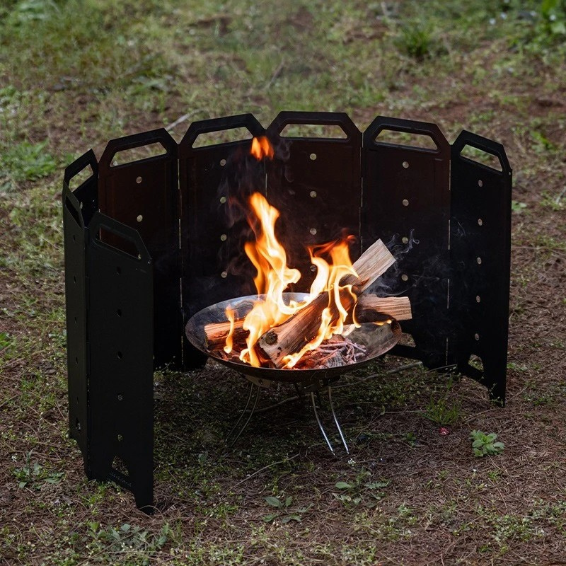 Camping Wind Shield 8 Panel Folding Iron Stove Wind Guard - Black