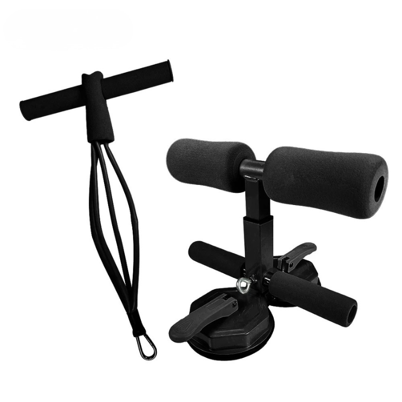 Sit-Up Assistant Bar with Resistance Band Portable Adjustable Dual Suction Core Trainer - Black