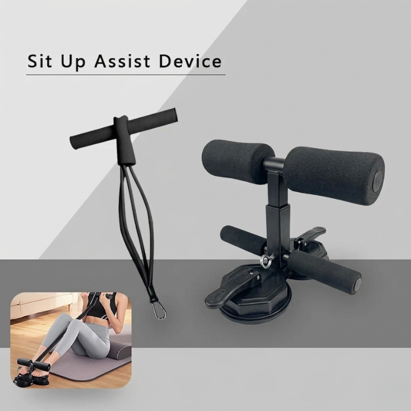 Sit-Up Assistant Bar with Resistance Band Portable Adjustable Dual Suction Core Trainer - Black