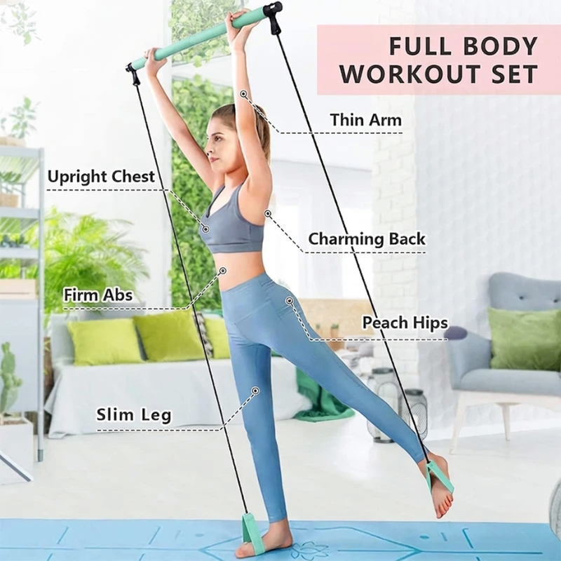 Pilates Bar Portable Resistance Training Stick Detachable Fitness Bar with Bands Home Workout Tool - Green