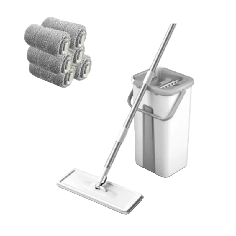 Flat Squeeze Mop and Bucket Set 360° Rotating Head with Microfiber Pad Hands-Free Cleaning - 6 Cloth