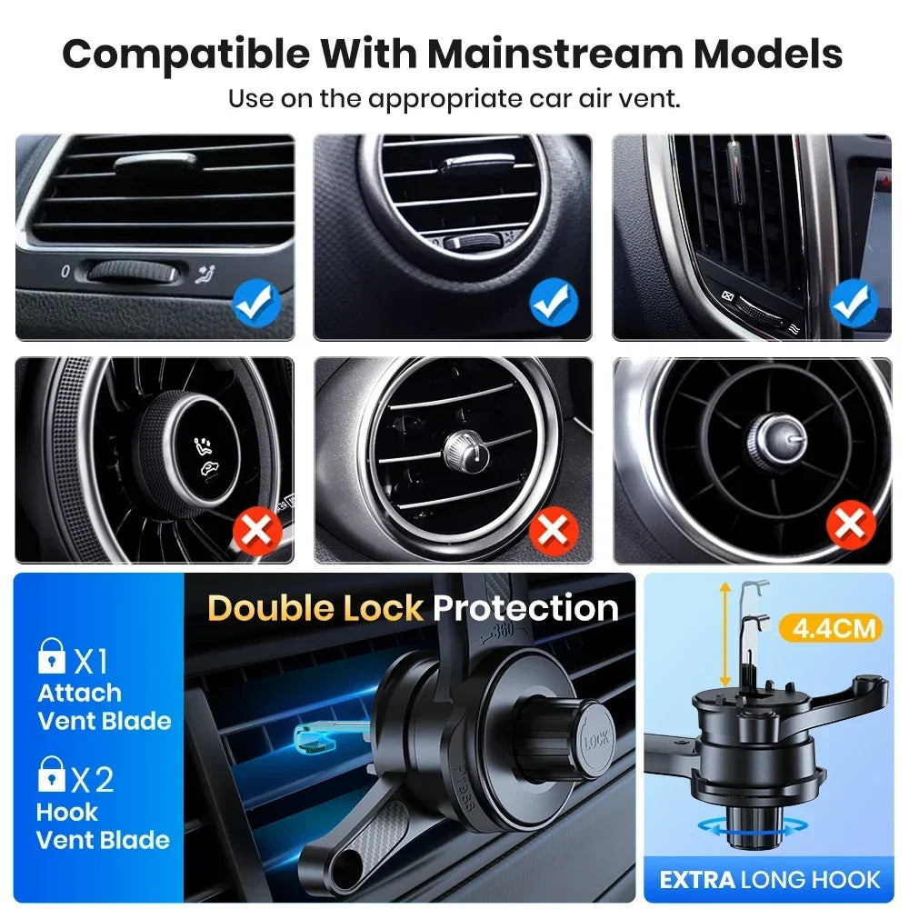 Phone Holder 360° Rotating Air Vent Mount Adjustable One Hand Release Universal