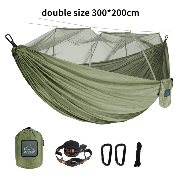 Camping Hammock Double Size Portable Nylon Hanging Bed with Mosquito Net 300cm - Army Green