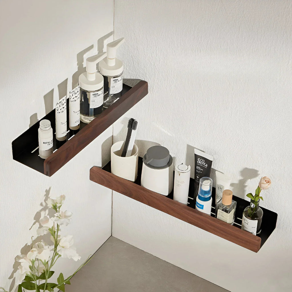 Wall Mounted Black Walnut Bathroom Storage Shelf Aluminum Organizer Rack No Drill – 40cm