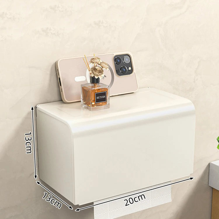 Large Waterproof Wall Mounted Toilet Paper Holder with Storage Shelf Aluminium Alloy Tissue Box – White